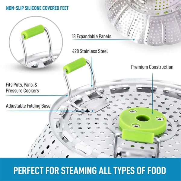 Integrated Collapsible Stainless Steel Food Steamer Basket - Image 2
