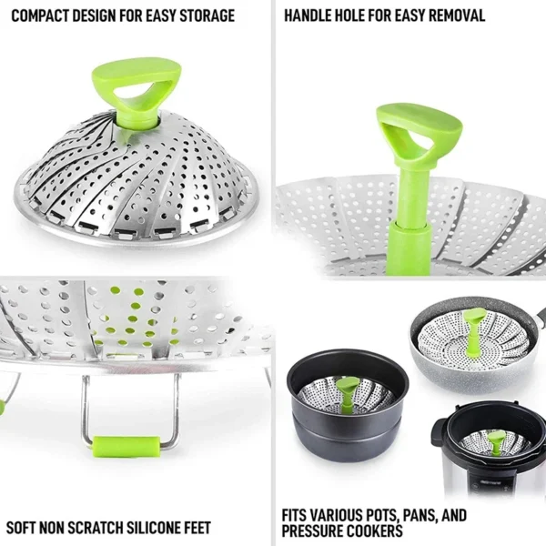 Integrated Collapsible Stainless Steel Food Steamer Basket - Image 4