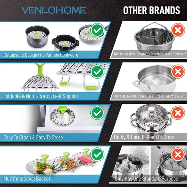 Integrated Collapsible Stainless Steel Food Steamer Basket - Image 3