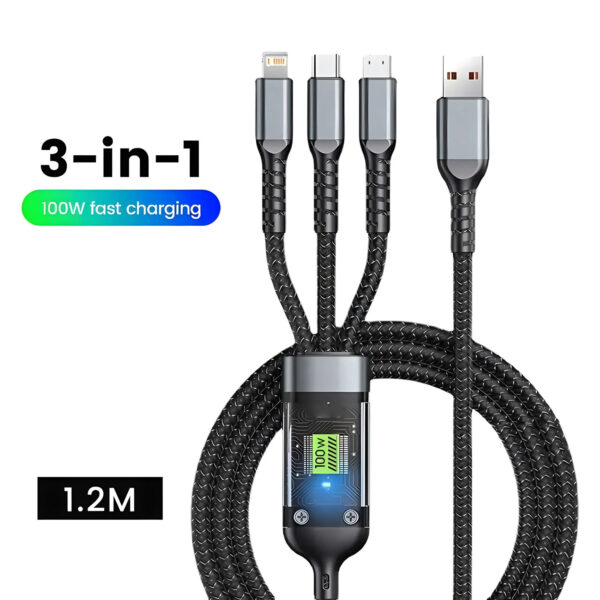 3 in 1 Fast Charging Transparent Luminous 100w Cable