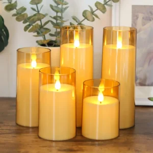 Flickering Gold Glass LED Flameless Pillar Candles with Remote