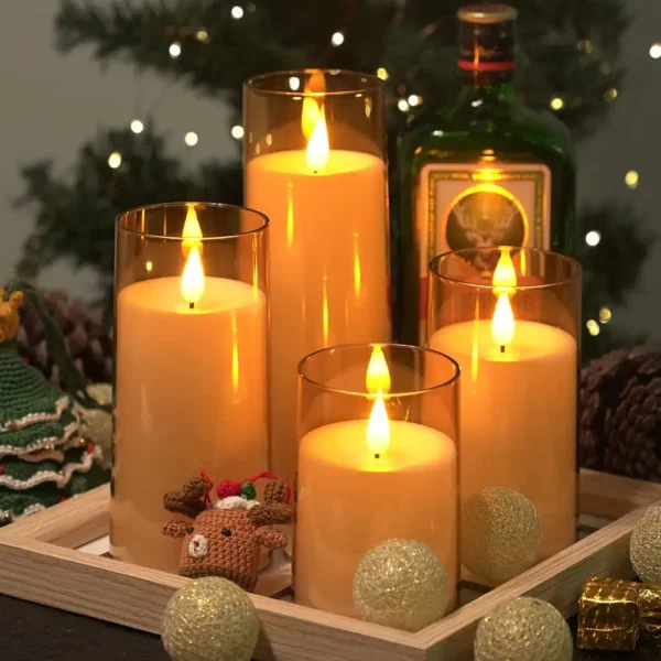 Flickering Gold Glass LED Flameless Pillar Candles with Remote - Image 2