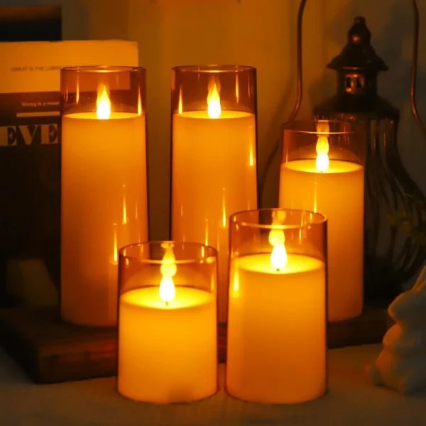 Flickering Gold Glass LED Flameless Pillar Candles with Remote - Image 3