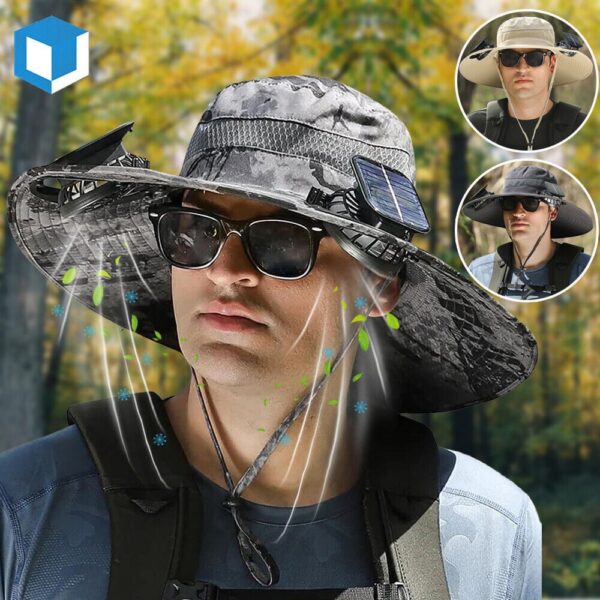 UPF 50+ Solar Fan Sun Hat – Wide Brim Bucket Hat with Dual Fans