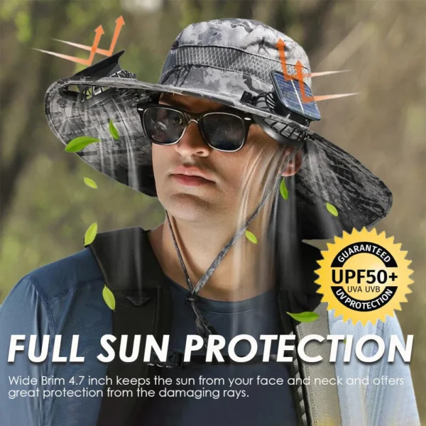 UPF 50+ Solar Fan Sun Hat – Wide Brim Bucket Hat with Dual Fans - Image 3