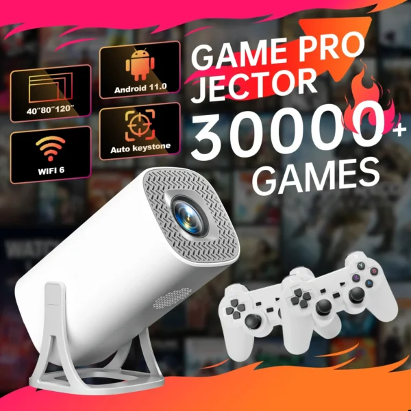 4K Smart Projector with 2 Gamepads – Android 11, WiFi 6, Bluetooth, Portable Home Theater & Gaming (30,000+ Games)
