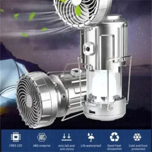 Portable Camping Lantern with Fan – Solar Powered, LED Light, Rechargeable & Hanging Tent Lamp