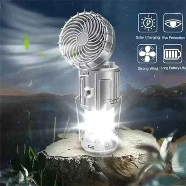 Portable Camping Lantern with Fan – Solar Powered, LED Light, Rechargeable & Hanging Tent Lamp - Image 3