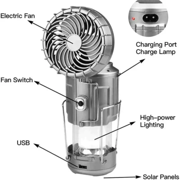 Portable Camping Lantern with Fan – Solar Powered, LED Light, Rechargeable & Hanging Tent Lamp - Image 5