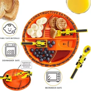 Construction Vehicle Tableware Set – Bulldozer & Excavator Themed Fork, Spoon & Plate for Kids, BPA-Free Food Plate