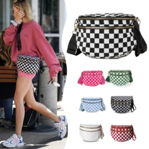 Checked In Oversize Double Zip Checkered Crescent Sling Bag