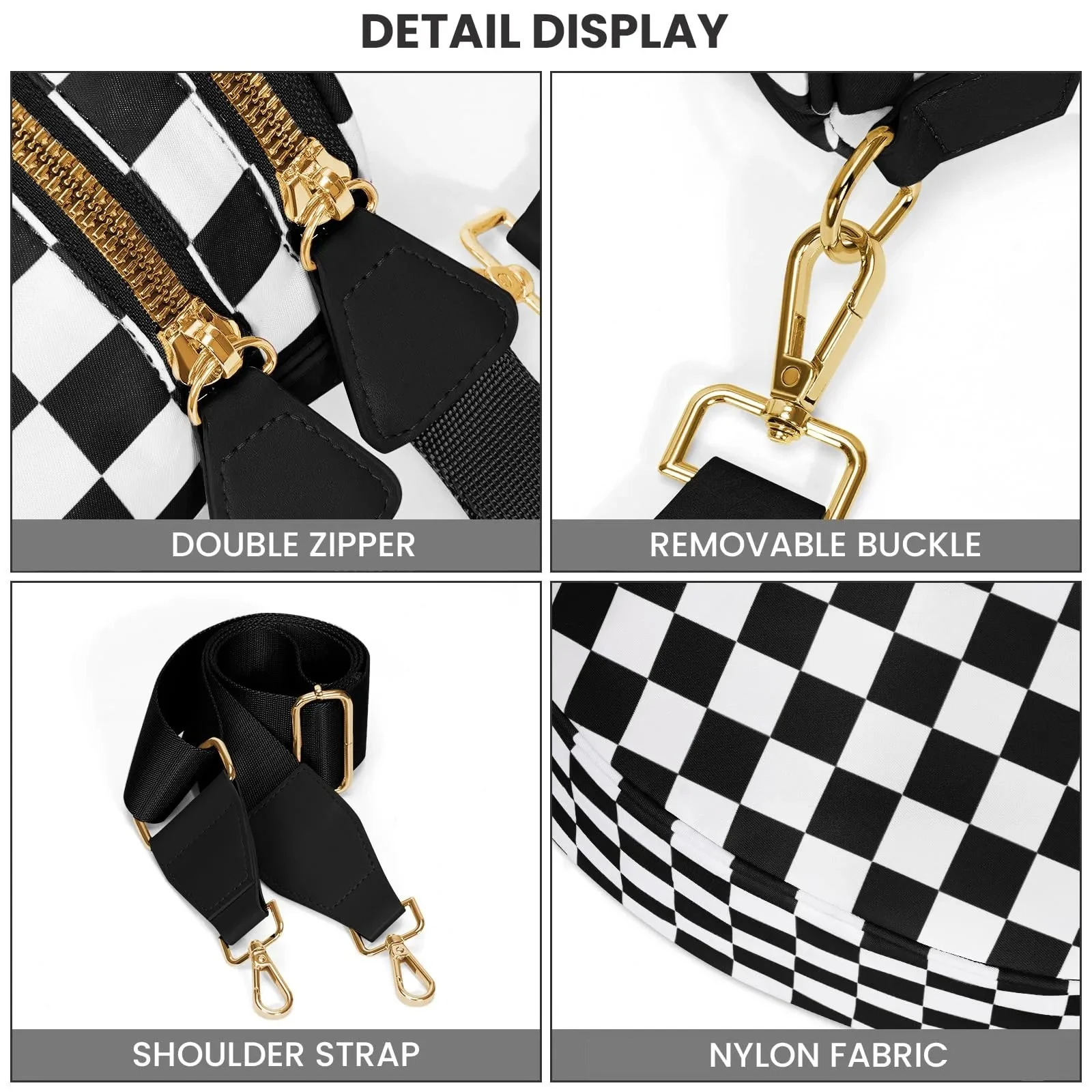 Checked In Oversize Double Zip Checkered Crescent Sling Bag - Image 2