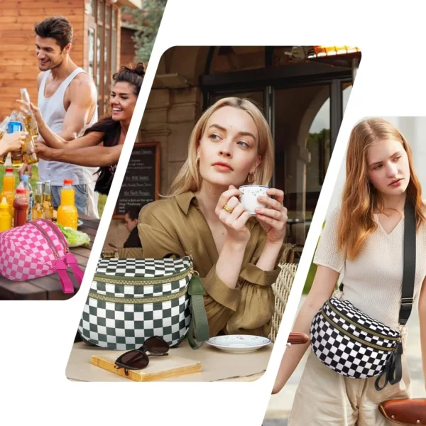 Checked In Oversize Double Zip Checkered Crescent Sling Bag - Image 3