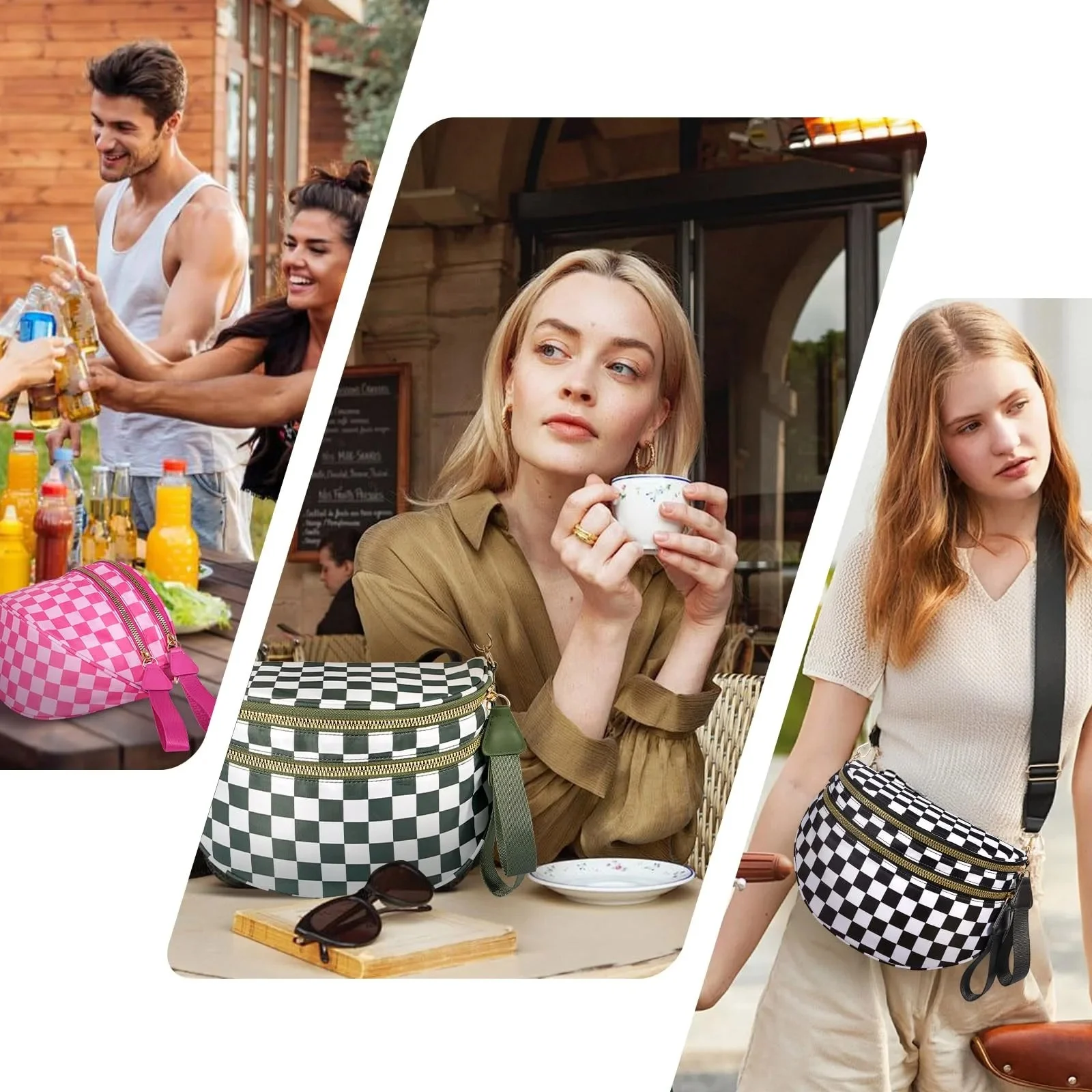 Checked In Oversize Double Zip Checkered Crescent Sling Bag - Image 3