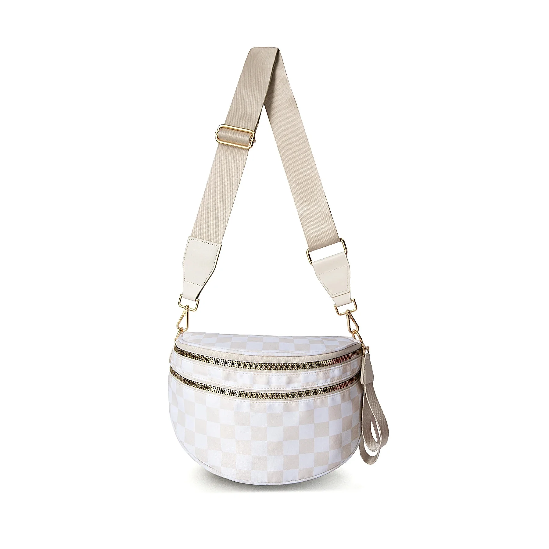 Checked In Oversize Double Zip Checkered Crescent Sling Bag - Image 4