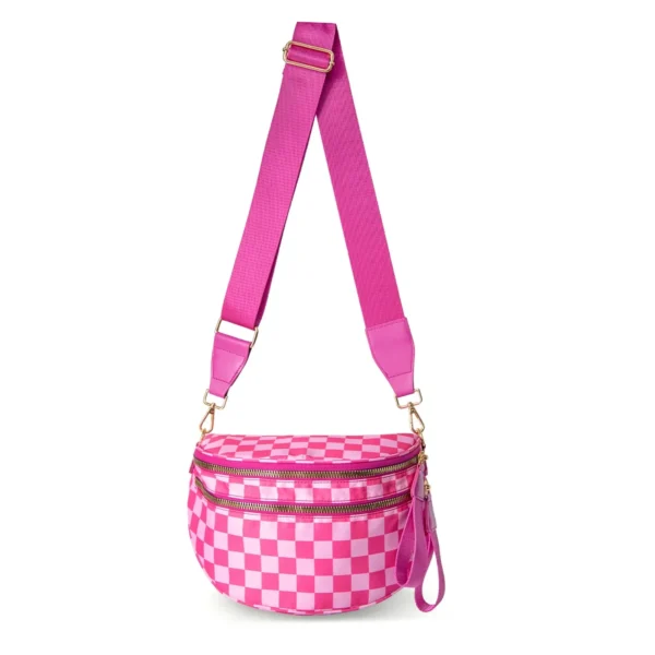Checked In Oversize Double Zip Checkered Crescent Sling Bag - Image 5