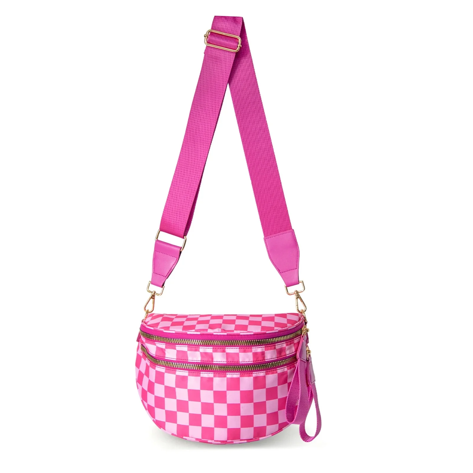 Checked In Oversize Double Zip Checkered Crescent Sling Bag - Image 5