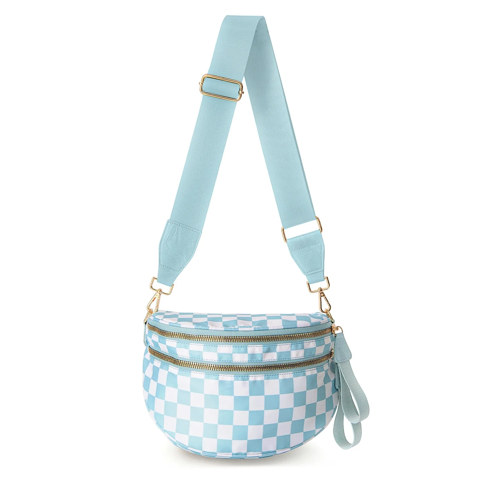 Checked In Oversize Double Zip Checkered Crescent Sling Bag - Image 6