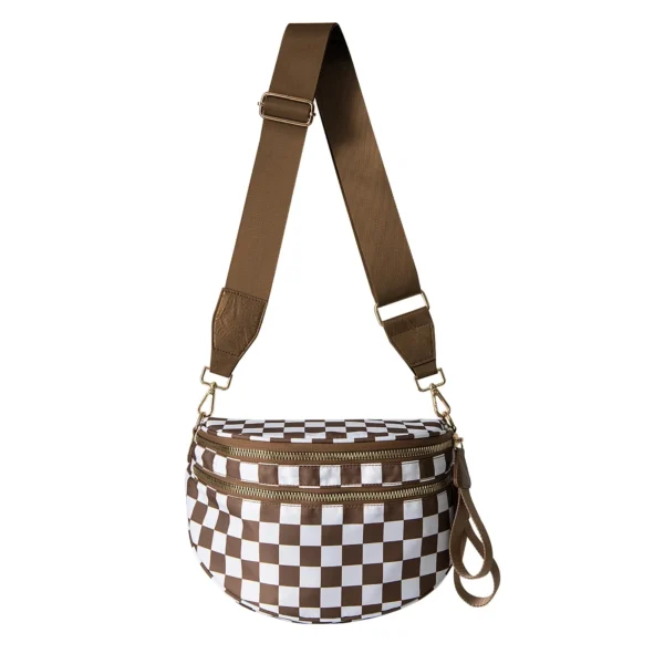 Checked In Oversize Double Zip Checkered Crescent Sling Bag - Image 7
