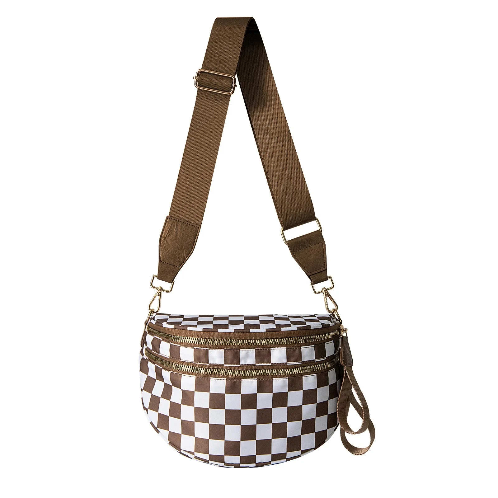 Checked In Oversize Double Zip Checkered Crescent Sling Bag - Image 7