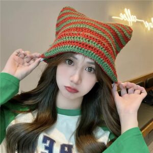Hand Made Horn Detail Striped Knitted Hat