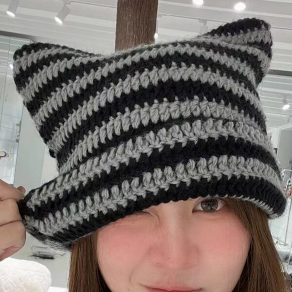 Hand Made Horn Detail Striped Knitted Hat - Image 2