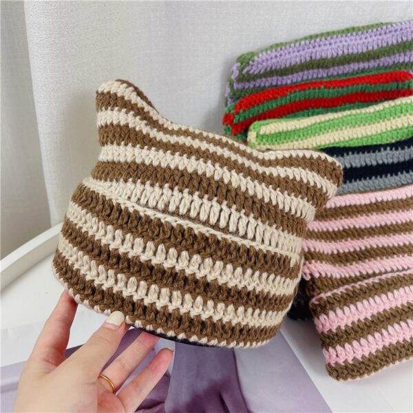Hand Made Horn Detail Striped Knitted Hat - Image 3