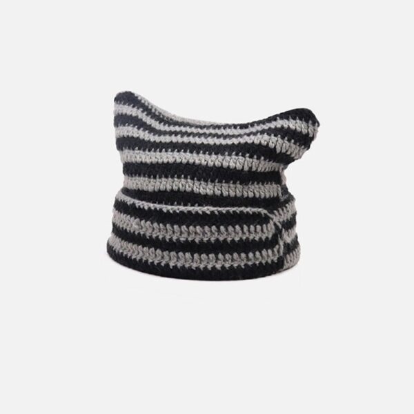 Hand Made Horn Detail Striped Knitted Hat - Image 4