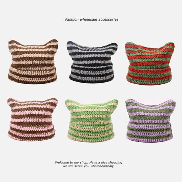 Hand Made Horn Detail Striped Knitted Hat - Image 5