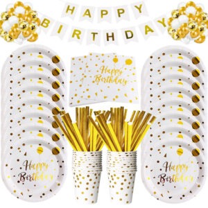 White & Gold Birthday Party Tableware Set – Disposable Plates, Cups & Decorations